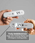 Sizzle Pro Grade Digital Meat Thermometer Instant Read In 2 Seconds Waterproof Folding Probe displayed in two hands.