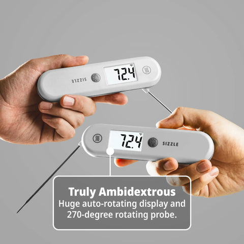 Sizzle Pro Grade Digital Meat Thermometer Instant Read In 2 Seconds Waterproof Folding Probe displayed in two hands.