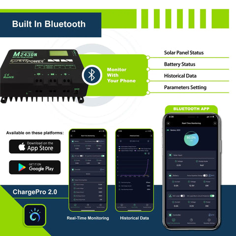 App interface for 2.5KWh LiFePO4 Solar Power Kit For 12V Off-Grid Living With 30A MPPT Charge Controller Bluetooth monitoring