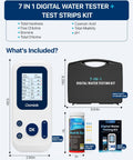 Digital Pool And Spa Water Test Kit Featuring 7 In 1 Chemistry Analysis, test strips, LCD display, and storage case.