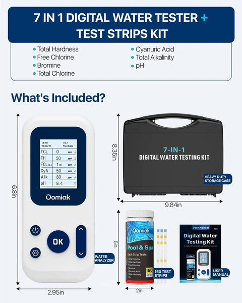 Digital Pool And Spa Water Test Kit Featuring 7 In 1 Chemistry Analysis, test strips, LCD display, and storage case.
