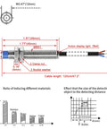 Technical diagram of Inductive Proximity Sensor Switch M8 5V DC, 200mA Output, showing dimensions and wiring, red action display light