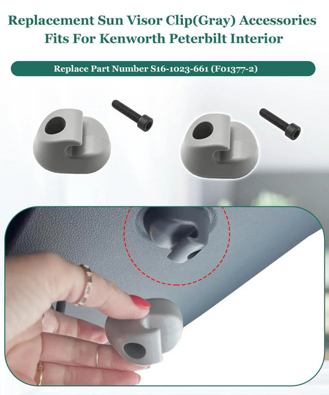 Sun Visor Clip Pair Gray Interior Bone Replacement For Kenworth And Peterbilt Cab Interiors Fits 2019 Peterbilt 579 And Kenworth T680 With Part S16 1023 661 F01377 2, showing installation and parts