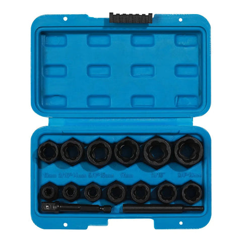 Open case showing 13 Piece Impact Bolt And Nut Remover Set With Hex Adapters For Stubborn Bolts Nut Extractor Socket Kit Metric And SAE Sizes