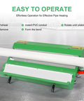 Heavy Duty 2000W Electric PVC Conduit Heater Bends Piping From Half Inch To Four Inches With Smart Temp Sensor Fast Heating For Professional Pipe Fitting And Smooth Curves On The Job Site, showing operation steps with a green heating tool and PVC pipe.