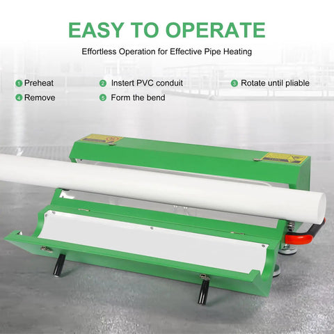 Heavy Duty 2000W Electric PVC Conduit Heater Bends Piping From Half Inch To Four Inches With Smart Temp Sensor Fast Heating For Professional Pipe Fitting And Smooth Curves On The Job Site, showing operation steps with a green heating tool and PVC pipe.
