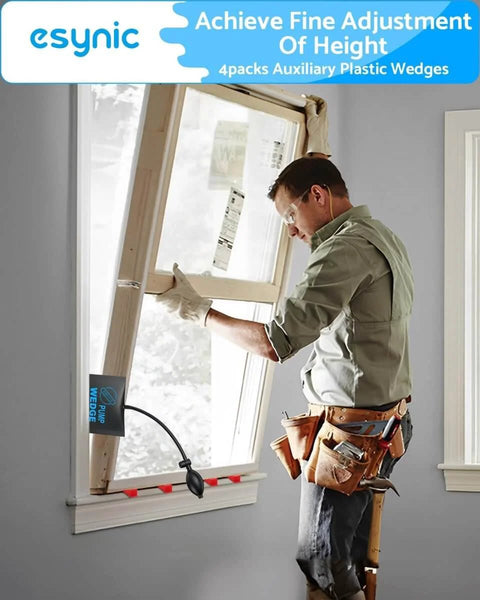 Person using 2 Pack Air Wedge Bags With 300 Pound Lift Capacity And 136 Kilogram Lift Capacity Anti Slip Inflatable Air Shim Set for window installation