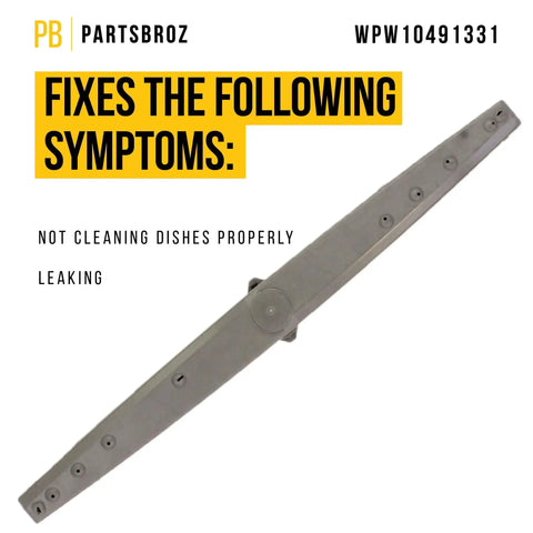 Lower Spray Arm WPW10491331 for Whirlpool Amana Maytag dishwashers replacement part, showing side view of gray arm.