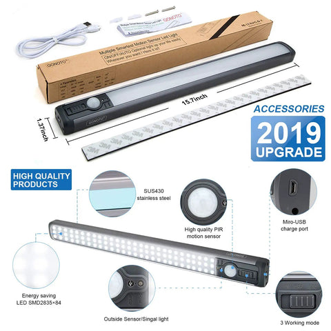 84 LED Motion Sensor Closet Light 4W Rechargeable under cabinet, USB port, magnetic strip, no messy wires, 4000K 400lm, 2500mAh battery