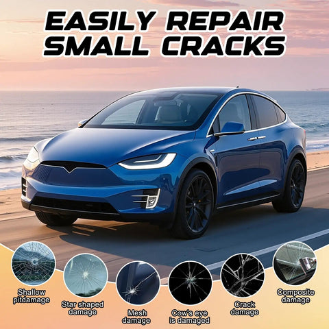Blue car on road promoting All Purpose Windshield Crack Repair Kit for Chips and Cracks Fast Glass Repair Liquid Glue for Cars Auto Window 2026 Model