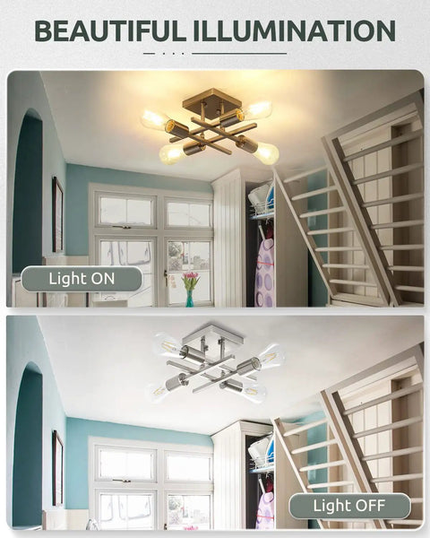4 Light Semi Flush Mount Ceiling Light Fixture In Brushed Nickel Modern Farmhouse Sputnik Style for bedrooms, light on and off view