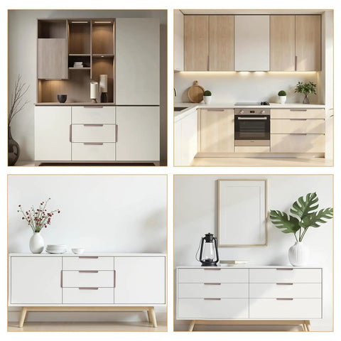 4 kitchen and living spaces showcasing 8 Pack Concealed Drawer Pulls With Curved Aluminum Alloy Edge Design, 150mm Brown.
