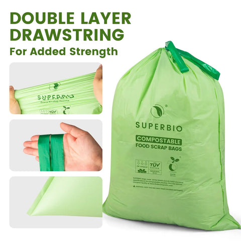 8 Gallon Compostable Drawstring Kitchen Waste Trash Bags Heavy Duty 1 Mil Tear Free 30 Count Biodegradable BPI Certified OK Compost