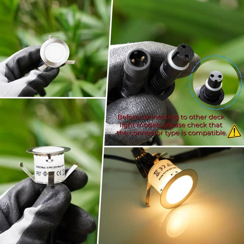 Recessed Deck Stair Lighting Kit With Timer Sensor And Photocell Dimmable 12V Low Voltage LED Step Lights IP67 Waterproof 16 Pack With Transformer And Easy Plug Connectors close-up.