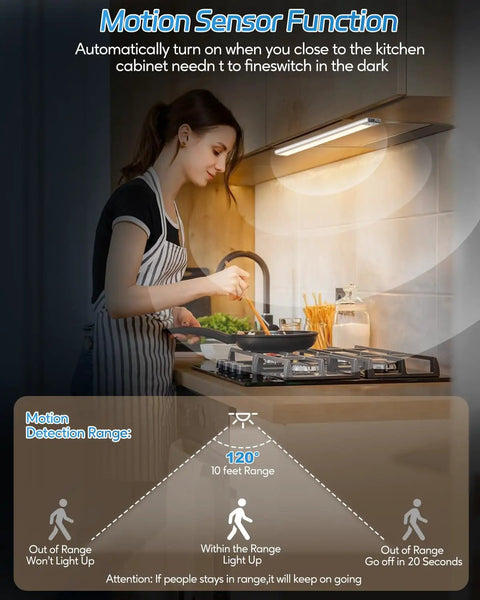 Woman cooking under Under Cabinet Lights With Motion Sensor, 35 LEDs Up To 210 Lumens, 3 Color Temperatures, wireless rechargeable