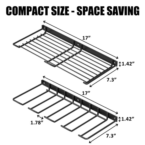 Wall Mounted Drill Rack And Tool Shelf, Power Tool Organizer Holder, shown in two compact 17-inch units with tool slots