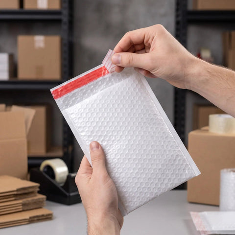 Waterproof Bubble Mailers 7.87 x 5.9 Inches Self Seal Poly Mailers For Clothes Shipping shown being sealed