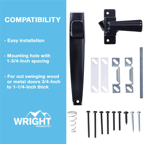 Push Button Door Latch For Screen And Storm Doors, Out Swing, 0.75 To 1.25 Inch Thick, No Lock Out Technology, installation parts shown