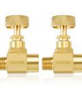 Litorange brass needle valves, two-pack, knurled adjustment knobs, 1/4 in NPT male to 1/4 in NPT female fittings.