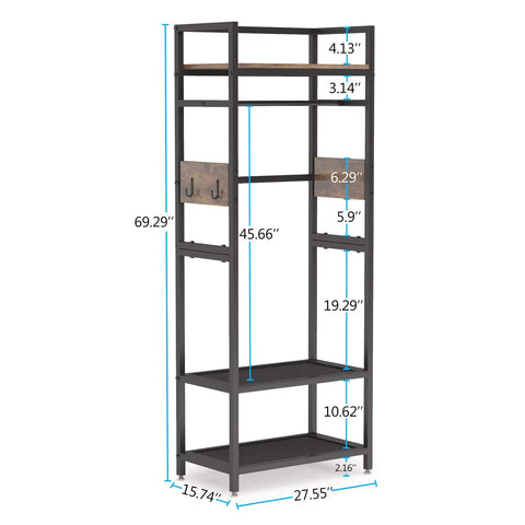 Robust Set Of 10 Heavy Duty Clothes Rack With Shelf And Hanging Rod, dimensions displayed, compact industrial wardrobe organizer.