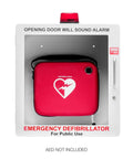 Legit AED Defibrillator Wall Mount Cabinet With Heavy Duty Steel Body And Snappy Alarm Lock For Darn Quick Public Or Home Emergency Grab In Sharp White Enclosure, showing red defibrillator case inside.