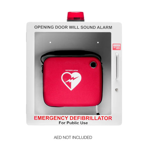 Legit AED Defibrillator Wall Mount Cabinet With Heavy Duty Steel Body And Snappy Alarm Lock For Darn Quick Public Or Home Emergency Grab In Sharp White Enclosure, showing red defibrillator case inside.