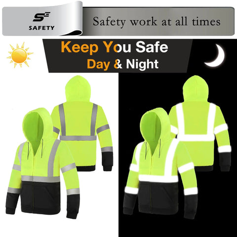 High Visibility Class 3 Zip Up Hoodie Sweatshirt for Men with Reflective Stripes shown in day and night settings