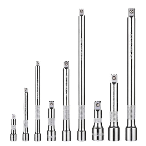 Beefy Duty 9 Piece Socket Extension Bar Set for Quarter Inch, Three Eighths and Half Inch Drives displayed in a row