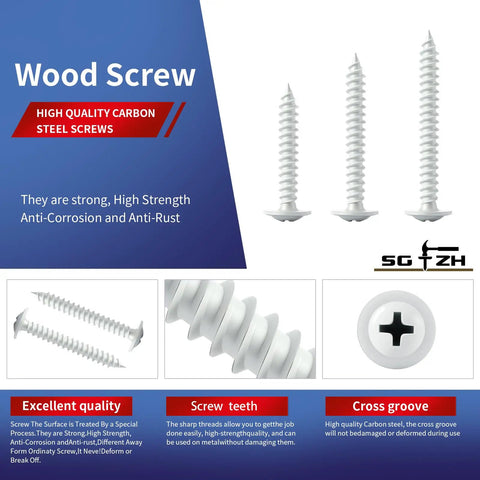 Rock Solid Size 8 By Three Quarter White Wood Screws 212 Piece Box Phillips Truss Head Self Tapping Fasteners on a display.