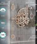 Side view of assembled Aero Clock Wooden 3D Puzzle With Pendulum Gravity Powered Clock Kit on a wall, showing intricate details.