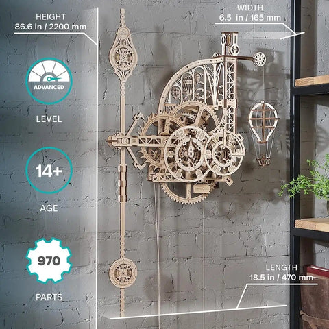 Side view of assembled Aero Clock Wooden 3D Puzzle With Pendulum Gravity Powered Clock Kit on a wall, showing intricate details.