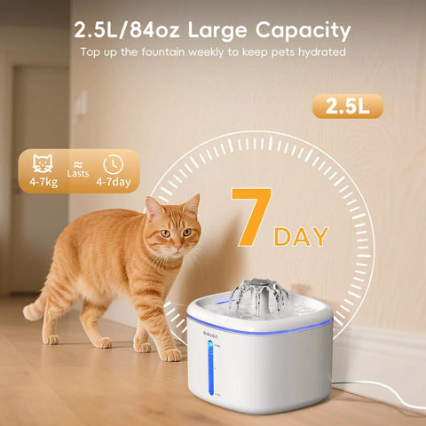 Ultra Quiet Cat Water Fountain With 84oz Capacity, 2.5L Automatic Pet Water Dispenser, cat beside fountain for scale.