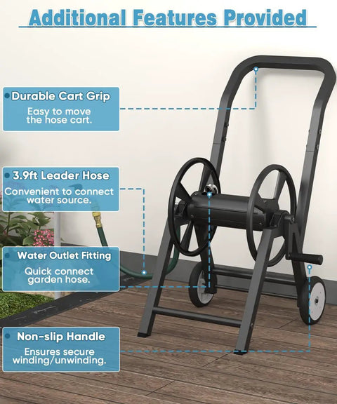 Heavy Duty Garden Hose Reel Cart With Wheels Holds 165 Feet Of Five Eighth Inch Hose In Outdoor Powder Coated Steel Water Storage Rack Includes 3.9 Foot Leader Hose For Yard And Lawn Use Built To Last, highlighting features like durable cart grip and non-slip handle on a wooden deck.