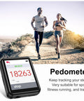 Two people running outdoors with a 64GB MP3 Player With Bluetooth 5.3 And 1.8 Inch Touch Screen displaying a pedometer.