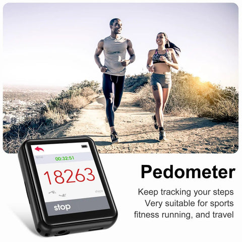 Two people running outdoors with a 64GB MP3 Player With Bluetooth 5.3 And 1.8 Inch Touch Screen displaying a pedometer.