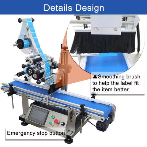Badass Precision Alignment Adjustable Handles Desktop Automatic Flat Bottle Labeling Machine With Heavy Duty Conveyor Belt 110v Electric Label Applicator For Zero Headache Production Work, featuring smoothing brush and control panel.