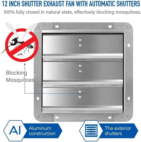 12 Inch Wall Mounted Shutter Exhaust Fan With Temperature Controller And Power Cord Kit, Aluminum Louvers Shown Blocking Bugs