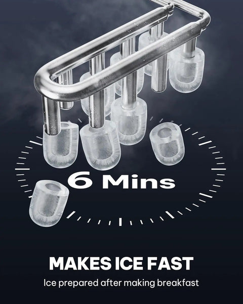 Sleek Countertop Ice Maker With Portable Stainless Steel Design And Easy Carry Handle. Super Compact Footprint Fits Any Kitchen Counter Or Desk Space. Ultra Quiet 35Db Operation Keeps The Vibe Chill Without The Racket. showcasing fast ice production in 6 minutes.