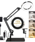10X LED Desk Magnifier With Stand And Real Glass Lens, versatile light settings, close-up work, reading, crafting display.