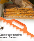 Plastic Frame Spacing Tool For Beekeeping, 1 Pack Beehive Frame Spacer displayed with hive frames and bee