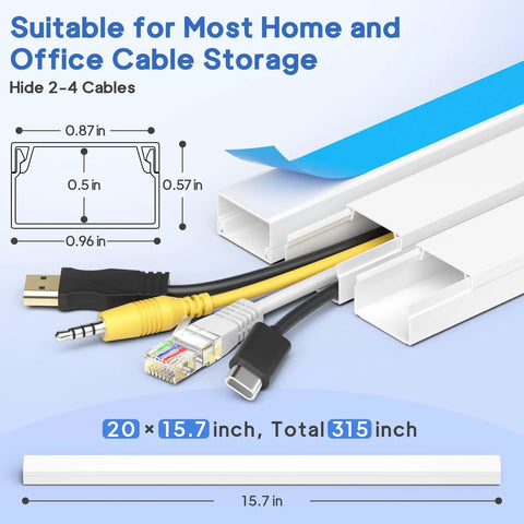 315 Inch Paintable Cord Hider Kit Cable Raceway For Wall Mount TV White Includes 20 Cord Covers 15 Couplings 4 Flat Elbows 3 T Fittings 3 Inside Elbows 3 Outside Elbows And All Fittings For Seamless Plug And Play Wire Management, showcasing cable storage dimensions and various connectors.
