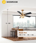 52 Inch Ceiling Fan With Light Gold Chandelier in modern kitchen, DC Motor, Dimmable LED, dope ceiling fan for large room