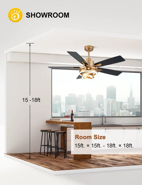 52 Inch Ceiling Fan With Light Gold Chandelier in modern kitchen, DC Motor, Dimmable LED, dope ceiling fan for large room