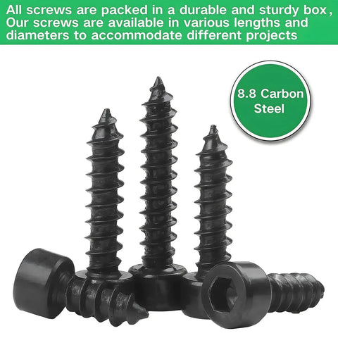 Top Shelf M2 Hex Socket Cap Screws Assortment Kit with 480 Pieces showing black self-tapping screws in various sizes, 8.8 carbon steel.