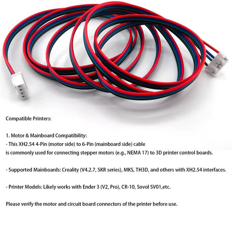 3Pcs 1.5M stepper motor cables XH2.54 4-pin to 6-pin; color-coded red, black, blue, green wires with white JST-XH connectors