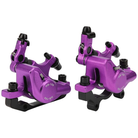 Top Shelf Mechanical Disc Brake Pair Aluminum Alloy Build For Mountain And Road Bikes Beast Mode Stopping Power Plug And Play Setup Killer Look In Violet Finish Smooth Ride Every Time, close-up view.
