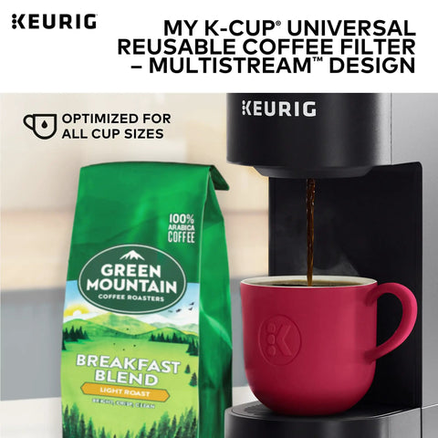My K Cup Reusable Filter With MultiStream Technology for Ground Coffee used in Keurig brewer with red mug and coffee bag