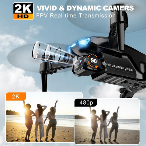 Close-up of 2K HD FPV Drone With Altitude Hold And 90 Degree Camera showing camera lens and sample 2K vs 480p images of beach.