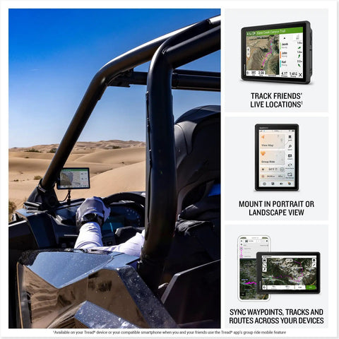 Rider using Rugged 8 Inch Touchscreen Powersport GPS Navigator For Off Road SxS Rides in desert with map display on screen