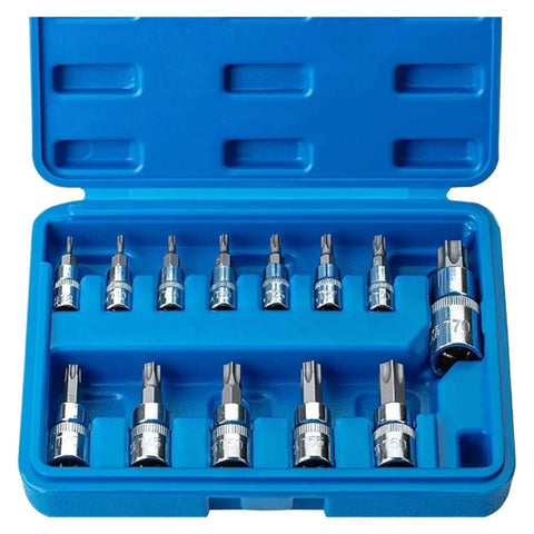 Heavy Duty 13PC Torx Star Bit Socket Set With T8 To T70 Drive Sizes For 1/4 3/8 And 1/2 Inch Impact Tools Rustproof Chrome Vanadium Steel in blue case